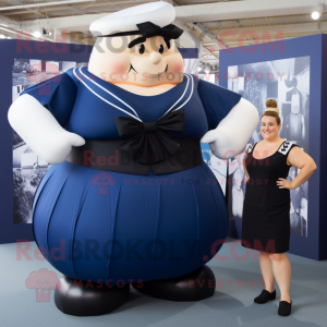 Navy Strongman mascot costume character dressed with a Pleated Skirt and Gloves