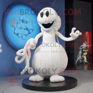 White Hydra mascot costume character dressed with a Ball Gown and Beanies