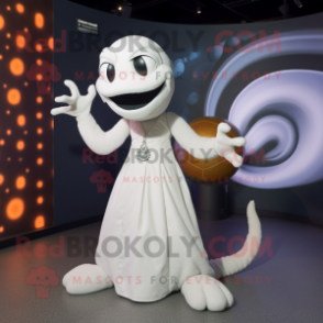 White Hydra mascot costume character dressed with a Ball Gown and Beanies