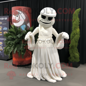 White Hydra mascot costume character dressed with a Ball Gown and Beanies