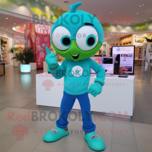 Turquoise Apple mascot costume character dressed with a Capri Pants and Digital watches