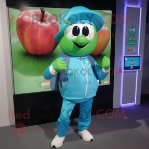 Turquoise Apple mascot costume character dressed with a Capri Pants and Digital watches