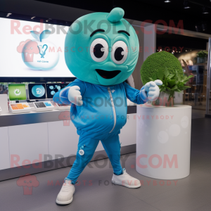 Turquoise Apple mascot costume character dressed with a Capri Pants and Digital watches