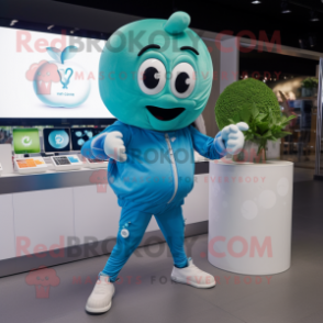 Turquoise Apple mascot costume character dressed with a Capri Pants and Digital watches