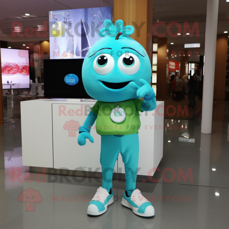 Turquoise Apple mascot costume character dressed with a Capri Pants and Digital watches