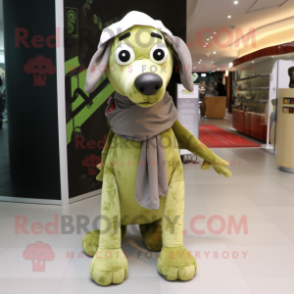 Olive Dog mascot costume character dressed with a Skinny Jeans and Scarves