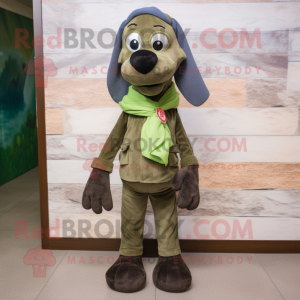 Olive Dog mascot costume character dressed with a Skinny Jeans and Scarves