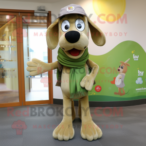 Olive Dog mascot costume character dressed with a Skinny Jeans and Scarves