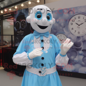 Sky Blue Mime mascot costume character dressed with a Dress Shirt and Digital watches