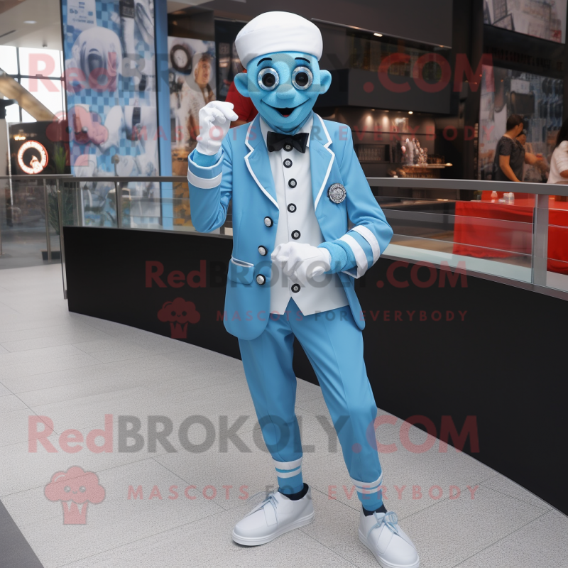 Sky Blue Mime mascot costume character dressed with a Dress Shirt and Digital watches