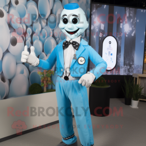 Sky Blue Mime mascot costume character dressed with a Dress Shirt and Digital watches