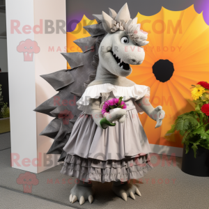 Gray Stegosaurus mascot costume character dressed with a Maxi Skirt and Scarf clips