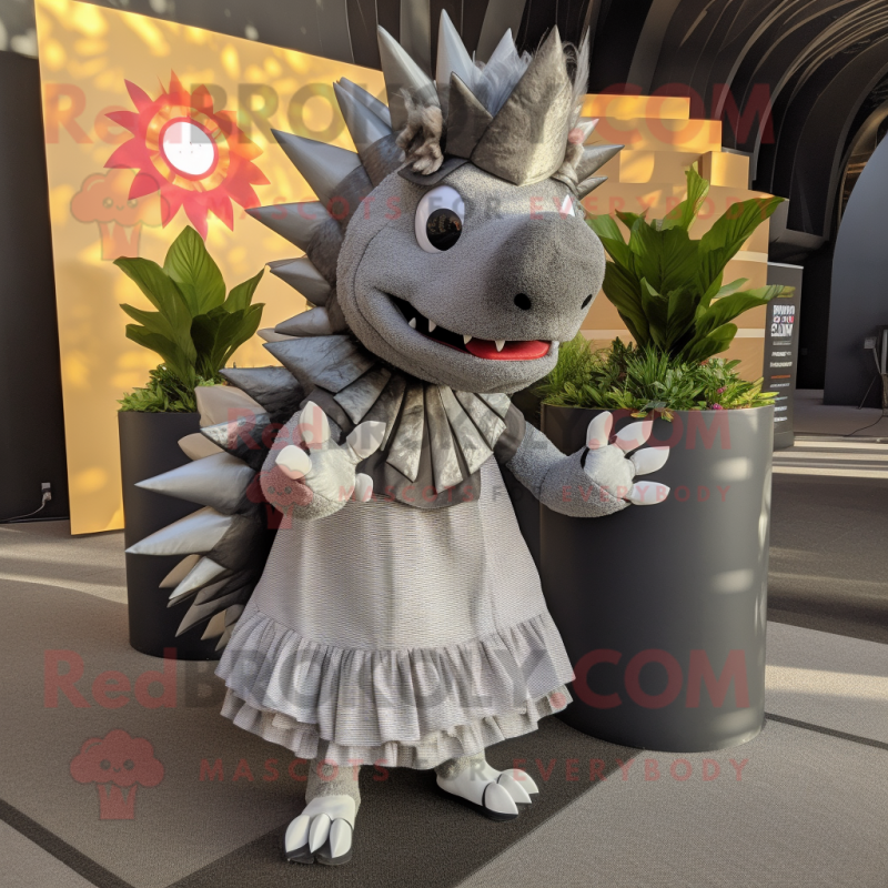 Gray Stegosaurus mascot costume character dressed with a Maxi Skirt and Scarf clips Gray Stegosaurus mascot costume character dressed with a Maxi Skirt and Scarf clips