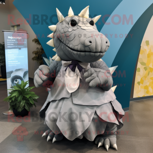 Gray Stegosaurus mascot costume character dressed with a Maxi Skirt and Scarf clips