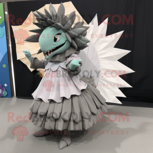 Gray Stegosaurus mascot costume character dressed with a Maxi Skirt and Scarf clips