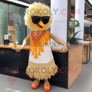 Tan Butter Chicken mascot costume character dressed with a Maxi Skirt and Sunglasses