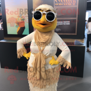 Tan Butter Chicken mascot costume character dressed with a Maxi Skirt and Sunglasses