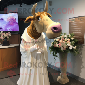 Tan Guernsey Cow mascot costume character dressed with a Wedding Dress and Rings
