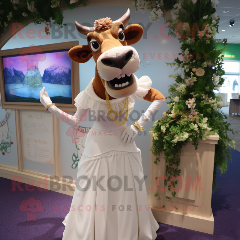 Tan Guernsey Cow mascot costume character dressed with a Wedding Dress and Rings Tan Guernsey Cow mascot costume character dressed with a Wedding Dress and Rings