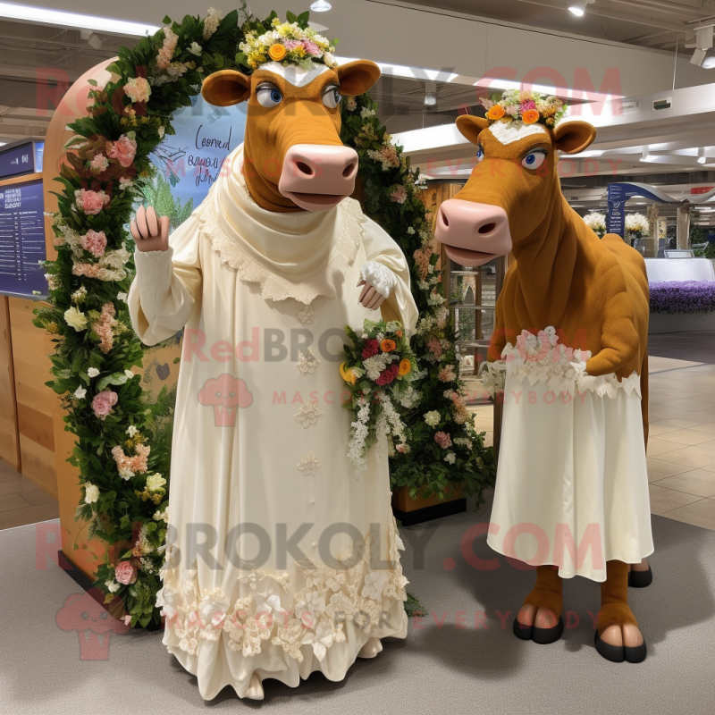 Tan Guernsey Cow mascot costume character dressed with a Wedding Dress and Rings Tan Guernsey Cow mascot costume character dressed with a Wedding Dress and Rings