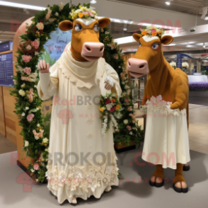 Tan Guernsey Cow mascot costume character dressed with a Wedding Dress and Rings