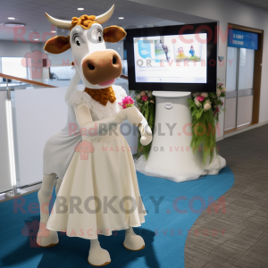Tan Guernsey Cow mascot costume character dressed with a Wedding Dress and Rings