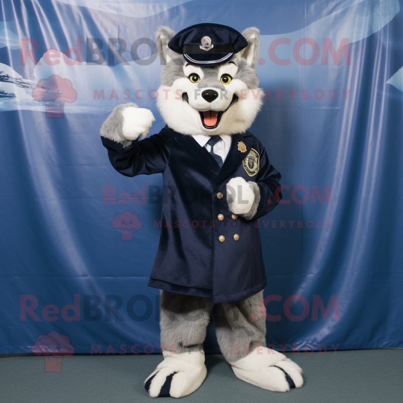 Navy Wolf mascot costume character dressed with a Dress and Shoe clips