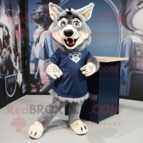 Navy Wolf mascot costume character dressed with a Dress and Shoe clips