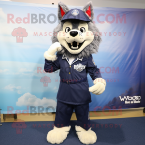 Navy Wolf mascot costume character dressed with a Dress and Shoe clips