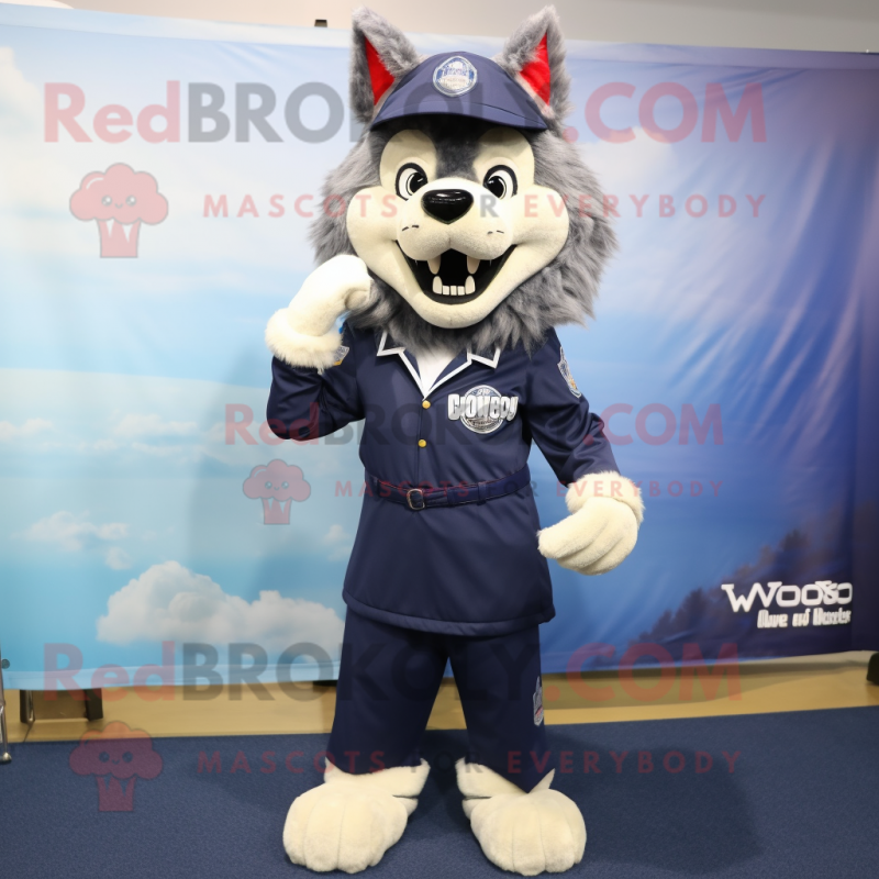 Navy Wolf mascot costume character dressed with a Dress and Shoe clips