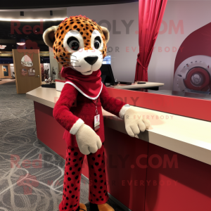 Red Cheetah mascot costume character dressed with a Polo Tee and Shawl pins