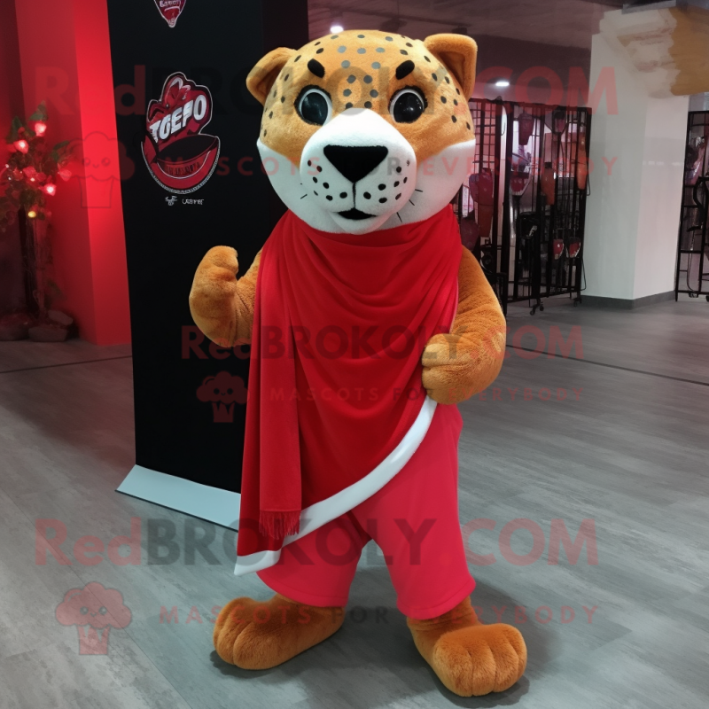 Red Cheetah mascot costume character dressed with a Polo Tee and Shawl pins