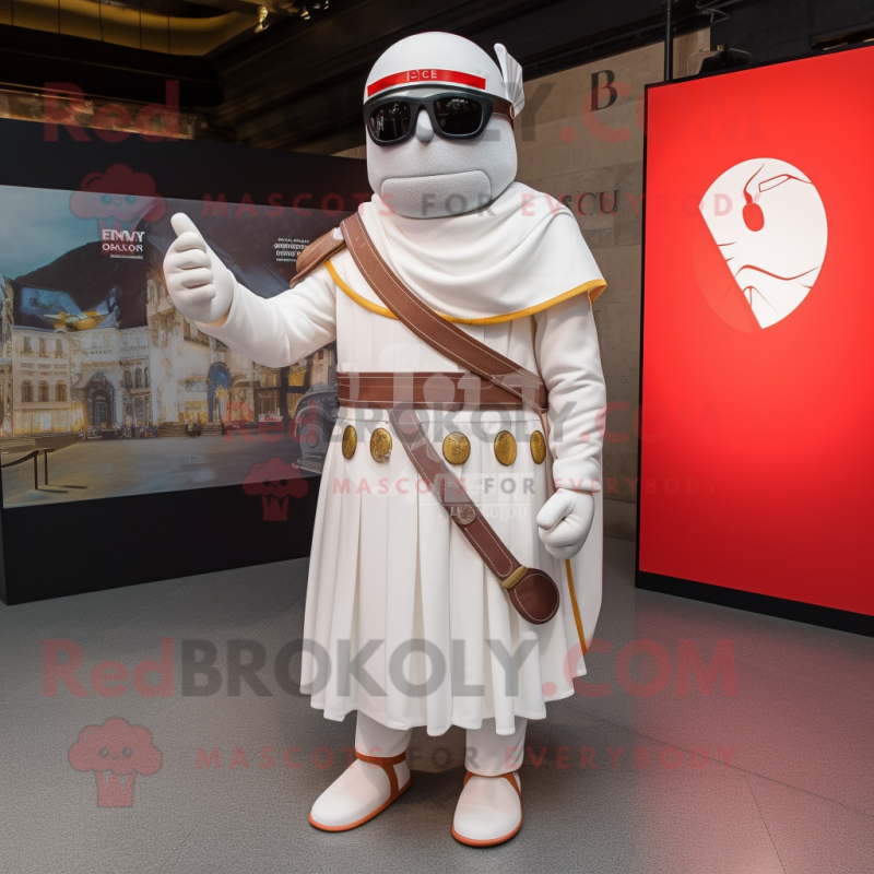 White Roman Soldier mascot costume character dressed with a Wrap Dress and Sunglasses