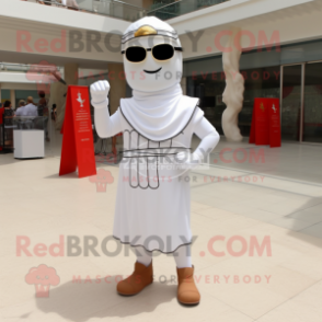 White Roman Soldier mascot costume character dressed with a Wrap Dress and Sunglasses