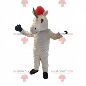 Mascot unicornio blanco con una hermosa melena roja -