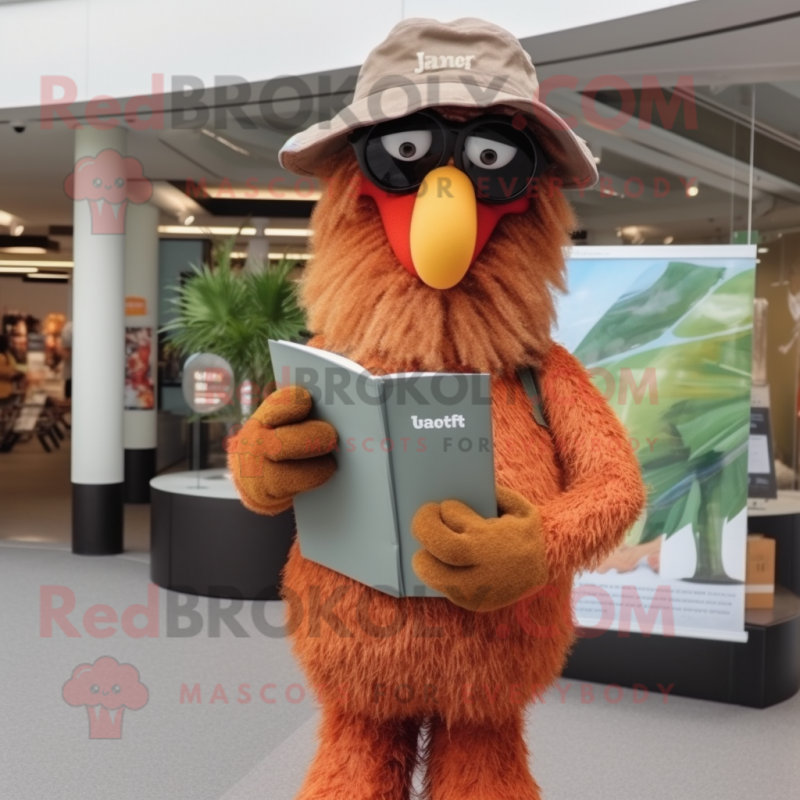 Rust Kiwi mascot costume character dressed with a Flare Jeans and Reading glasses Rust Kiwi mascot costume character dressed with a Flare Jeans and Reading glasses