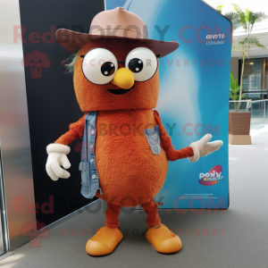 Rust Kiwi mascot costume character dressed with a Flare Jeans and Reading glasses