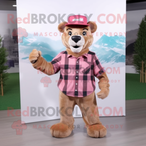 Pink Mountain Lion mascot costume character dressed with a Flannel Shirt and Hats