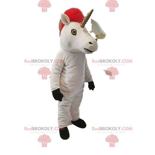 Mascot unicornio blanco con una hermosa melena roja -