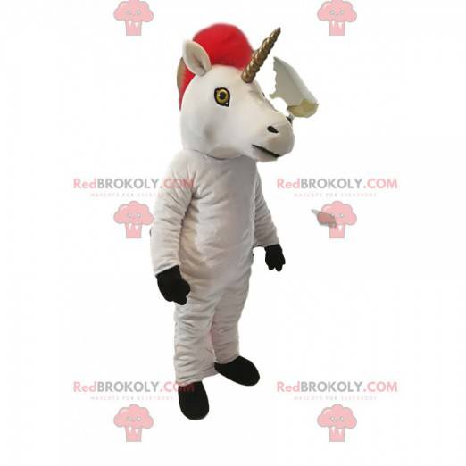 Mascotte unicorno bianco con una bella criniera rossa -