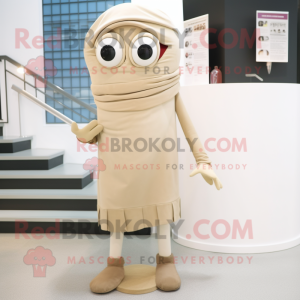 Beige Cyclops mascot costume character dressed with a Pencil Skirt and Scarf clips