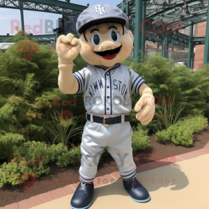 Silver Baseball Glove mascot costume character dressed with a Denim Shorts and Suspenders
