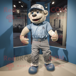 Silver Baseball Glove mascot costume character dressed with a Denim Shorts and Suspenders