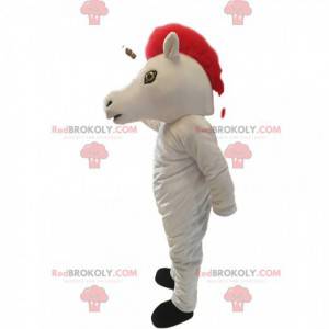 Mascot unicornio blanco con una hermosa melena roja -