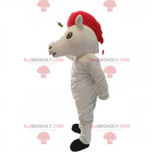 Mascotte unicorno bianco con una bella criniera rossa -