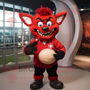 nan Devil mascot costume character dressed with a Rugby Shirt and Mittens