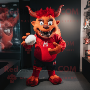 nan Devil mascot costume character dressed with a Rugby Shirt and Mittens