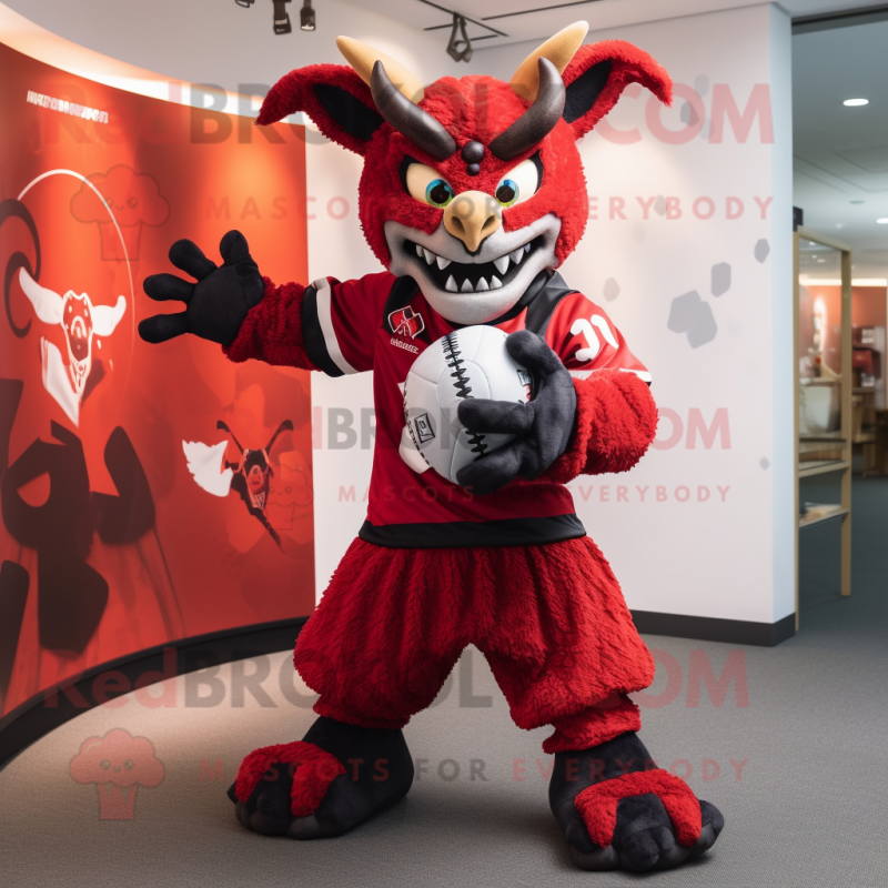 nan Devil mascot costume character dressed with a Rugby Shirt and Mittens nan Devil mascot costume character dressed with a Rugby Shirt and Mittens
