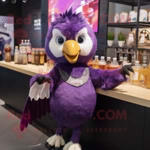 Purple Hawk mascot costume character dressed with a Cocktail Dress and Hairpins
