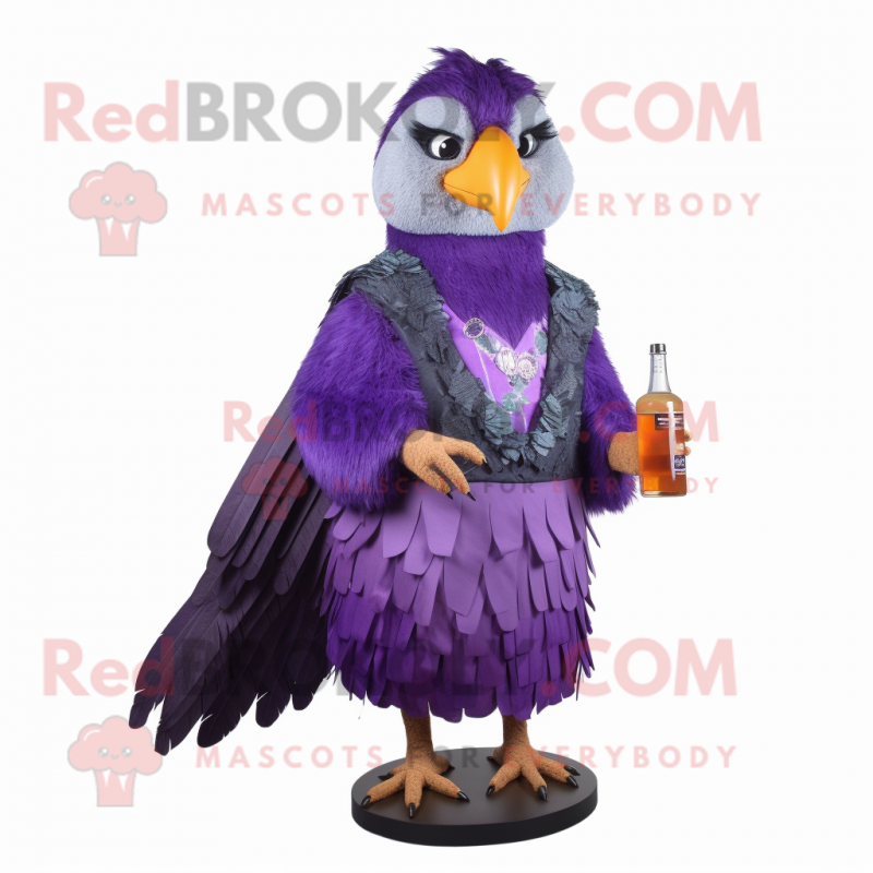 Purple Hawk mascot costume character dressed with a Cocktail Dress and Hairpins